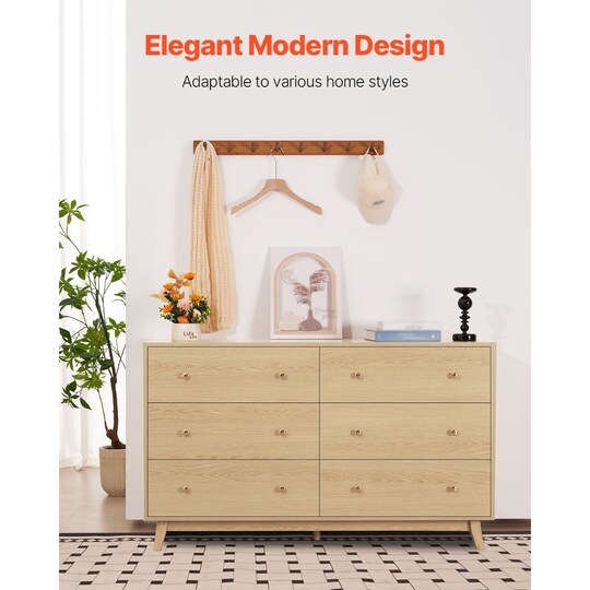 Slickblue; Modern 6 Drawer Wooden Dresser Light Wood Minimalist Storage Chest; Category:Cabinets, Chests & Shelving; Image:1
